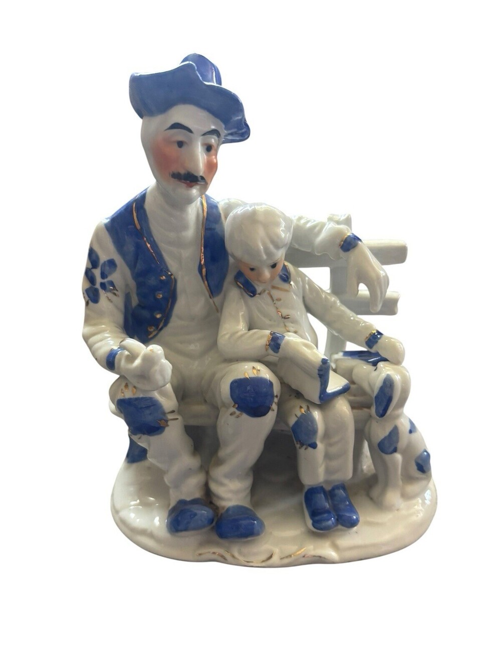 Vtg Blue & White Porcelain Figurine Man Child Dog Bench Hand Painted Gold Trim